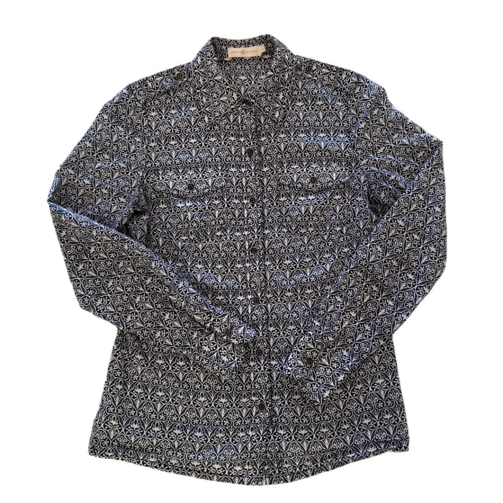 Tory Burch Long Sleeve Button Down Blue and White Cotton Shirt (Size 2)